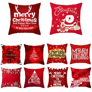 

45*45cm Merry Christmas Cushion Cover Red Christmas Tree Santa Claus Santa Claus Pipe Greeting Text Pillow Cover