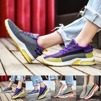 

Sports Shoes All Match Student Non-slip Runnig Shoes Women's Flat-botom Thick-soled Mesh Breathable Lace-up Plastic Basic