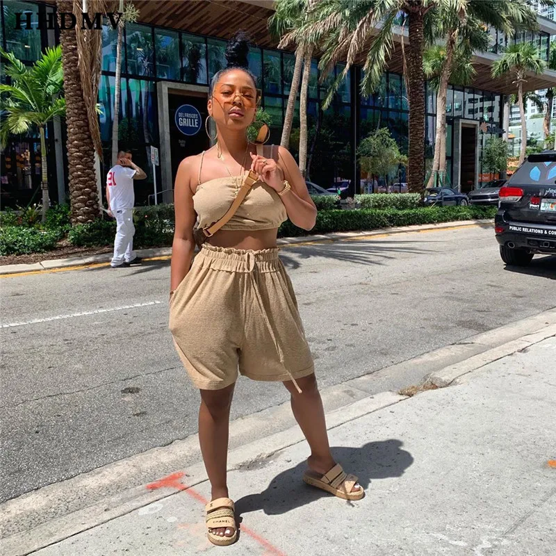 HHDMV LQ5068 Hot Sale 2019 Women Summer Sleeveless Sets Soild Short Runway Set Beach Wind 2 Piece |