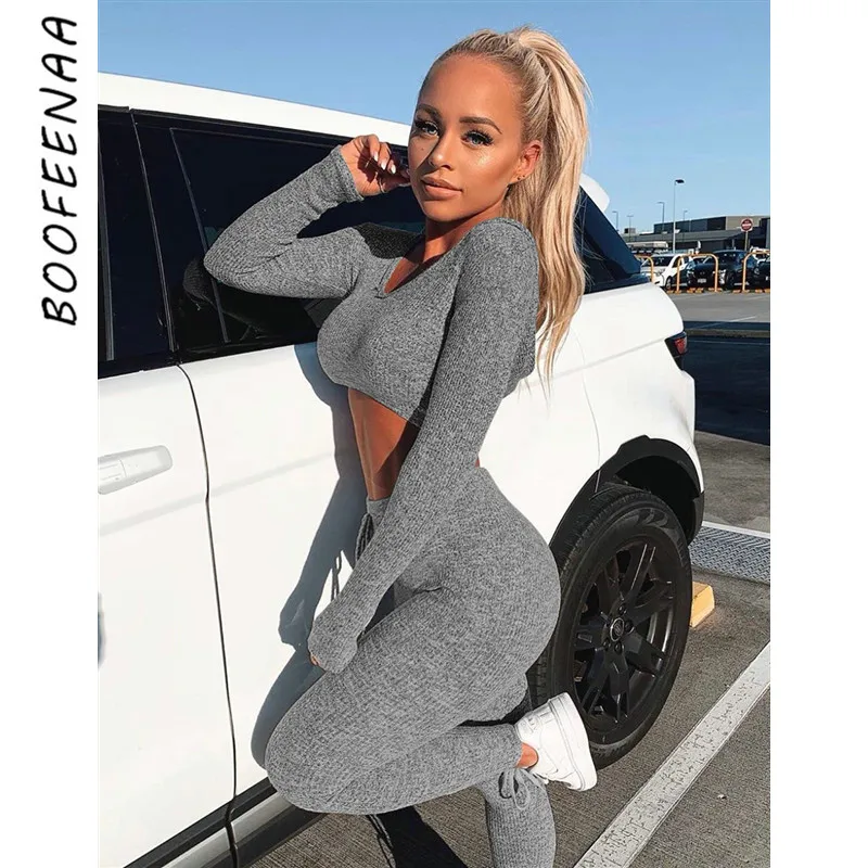 BOOFEENAA, сексуальный женский спортивный костюм, милый комплект из 2 предметов, сексуальный спортивный костюм, комплект из двух предметов, топ и штаны, свитер, Осень-зима, наряды C34AE17