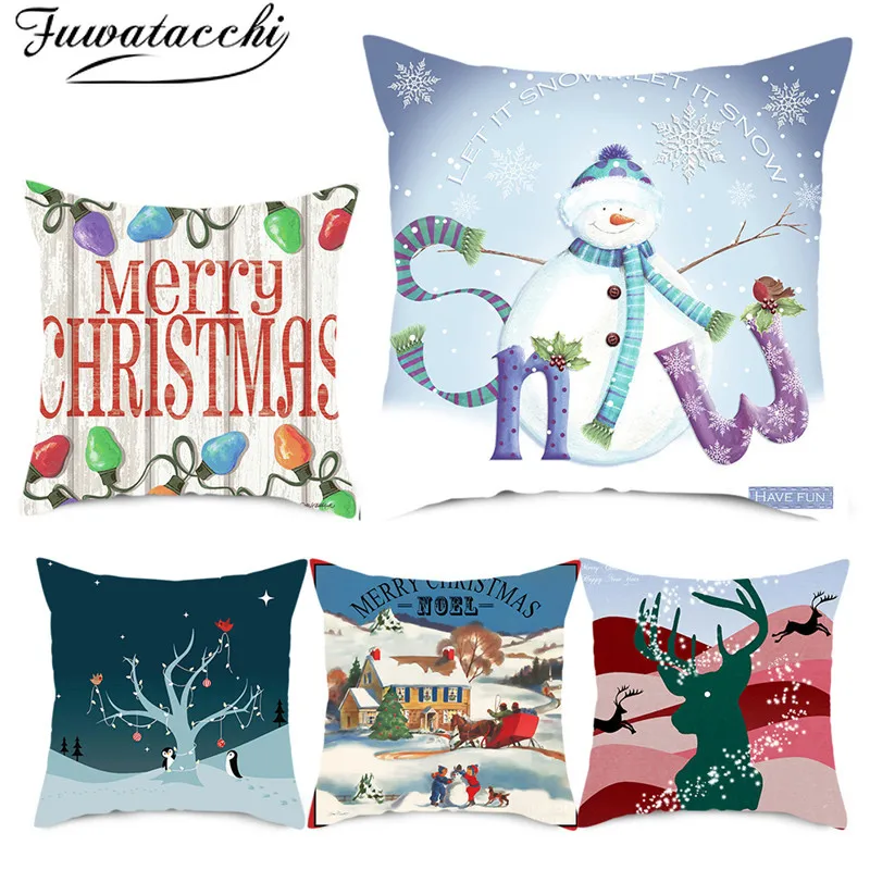 

Fuwatacchi Merry Christmas Animals Cushion Cover Snowman Pillowcases Home Decorations White Pillows Cover for Sofa Seat 45x45cm