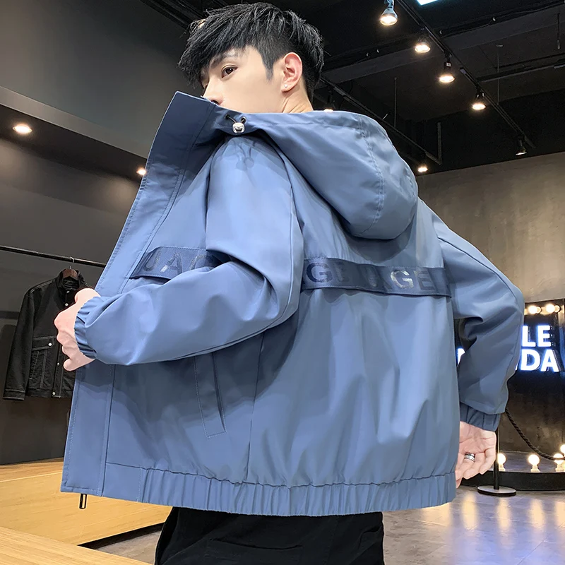 Large Size M-4XL Hooded Jacket Men's 2021 Autumn Solid Youth Slim Fit Casual Coats Streetwear Tops Spring Windbreaker Clothing 2