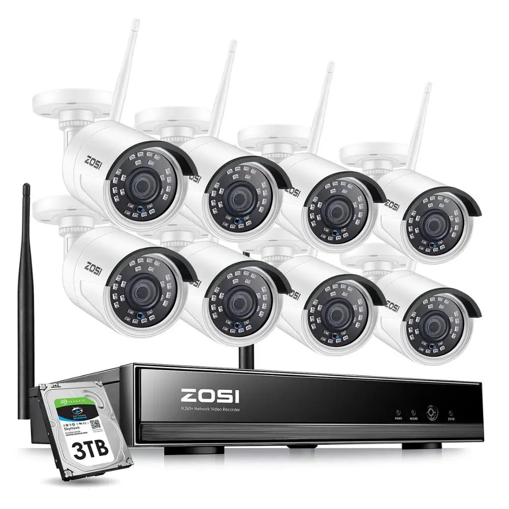 ZOSI-Sistema de cámara de seguridad CCTV tipo bala inalámbrica, kit de vigilancia IP potente, 8CH, 1080P y 2MP, H.265 + NVR, wifi, 8 piezas