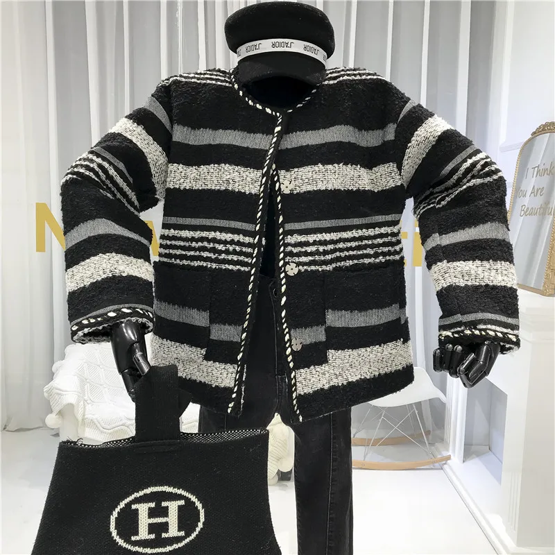 Полосатые женские пальто и куртки с широкой талией Abrigos Mujer Invierno, флисовая женская куртка с круглым вырезом и пуговицами