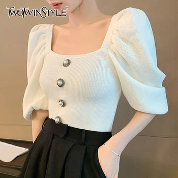 

TWOTWINSTYLE White Elegant Knitting Sweater For Women Square Collar Puff Sleeve Casual Knitwear Female 2020 Summer New Style