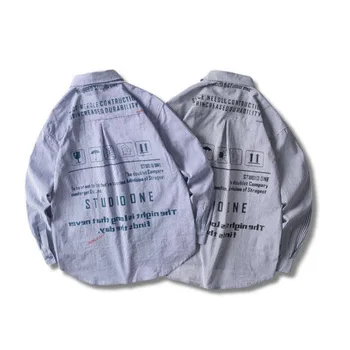 

#0924 High Street Letters Printed Shirt Long Sleeve Vertical Striped Shirts For Men Japanese Streetwear Harajuku Hip Hop Shirt