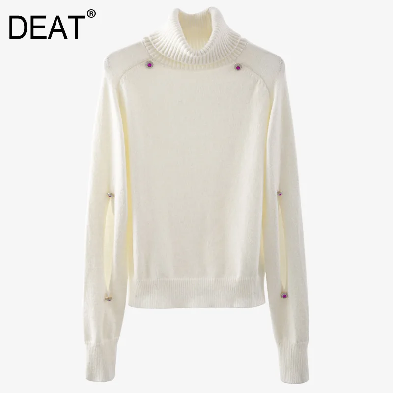 DEAT 2021 Autumn And Winter New Fashion High Collar Hollow Out Full Sleeve With Button Decoration Knit Pullover Sweater 7B0399 | Женская