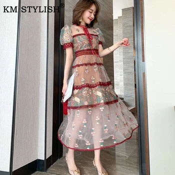 

Women's Mid-calf Dress Summer Vestidos 2020 New Retro Stand Collar Short Puff Sleeve Lace Stitching Slim Embroidered Mesh Dress