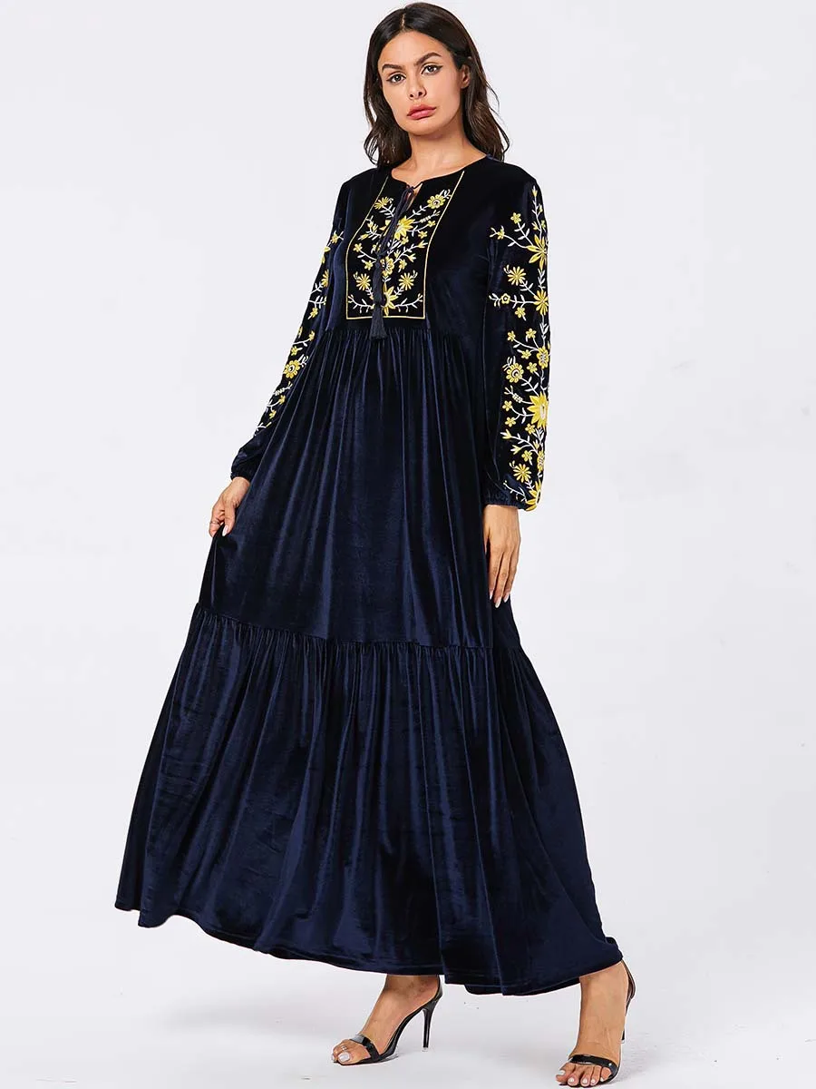 Abaya/арабское платье с цветочным рисунком; кафтан в Дубае; сезон весна-зима-осень; теплое темно-синее Повседневное платье с вышивкой; большие размеры