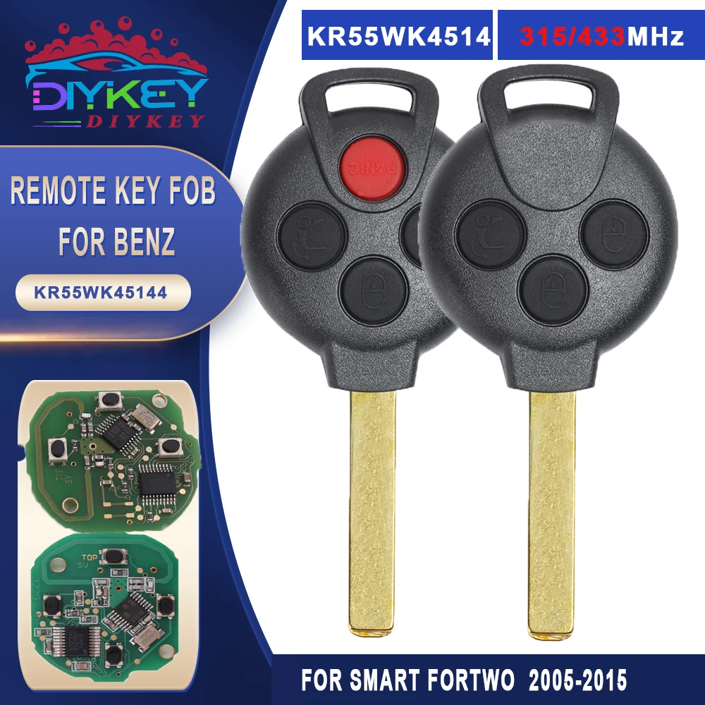 DIYKEY 315MHz 433MHz PCF7941 3B/4B Remote Car Keyless Entry Key Fob for 2008-2015 Benz Smart ForTwo 451