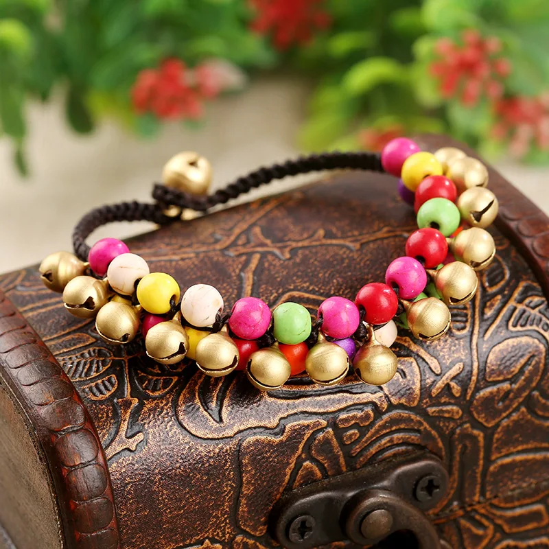 Этнический браслет для женщин, очаровательный браслет, медный цветок, желтый камень, бусинки-колокольчики, цепочка, винтажное ювелирное изделие, мода