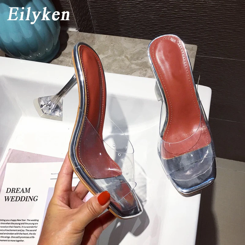 

Eilyken Yellow PVC Jelly Slippers Sandals Open Toe Perspex High Heels Women Transparent Crystal Heel Sandals Slippers 9CM Pumps