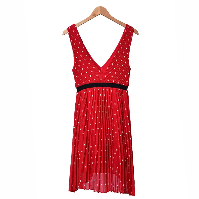 

Women's Polka-dot Printed Pleated Camisole Dress Deep V Red Color Sleeveless Flower Embroidery Irregular Mini Dress 2020 New