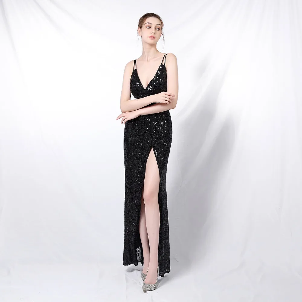 Gold Sequins Spaghetti Strap Deep V Neck Backless Open Slit Luxury Party Dresses For Women 2020 Fashion Elegant Night Club Dress (23)