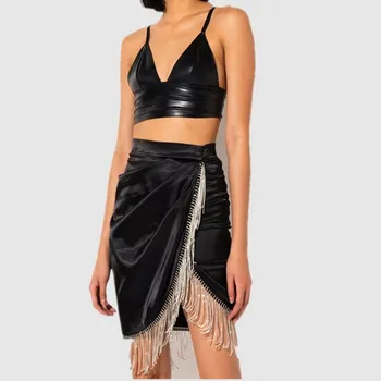 

Summer Style Sexy PU Leather Black TasselBodycon Women Summer Mini Dress 2020 Designer Fashion Evening Party Dress Vestido