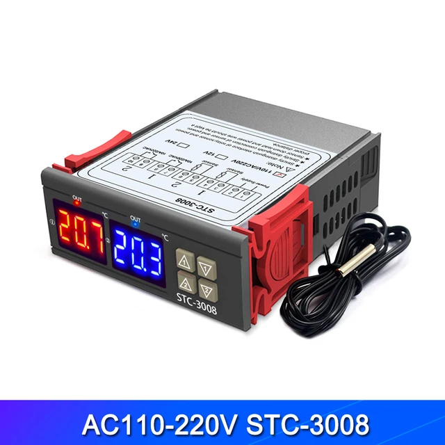 듀얼 디지털 온도 컨트롤러 두 릴레이 출력 온도 조절기 10A 난방 냉각 STC-3008 12V 24V 220V