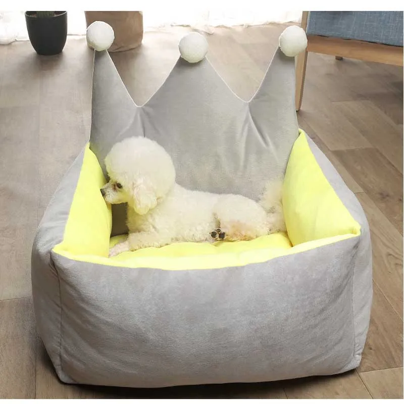 yellow Коралловый флисовый коврик для кровати для собак, съемный диван с короной, с мячом, теплое гнездо для собак, camas para perro, милый домик для щенка, маленькая средняя кровать для собак - Цвет: yellow