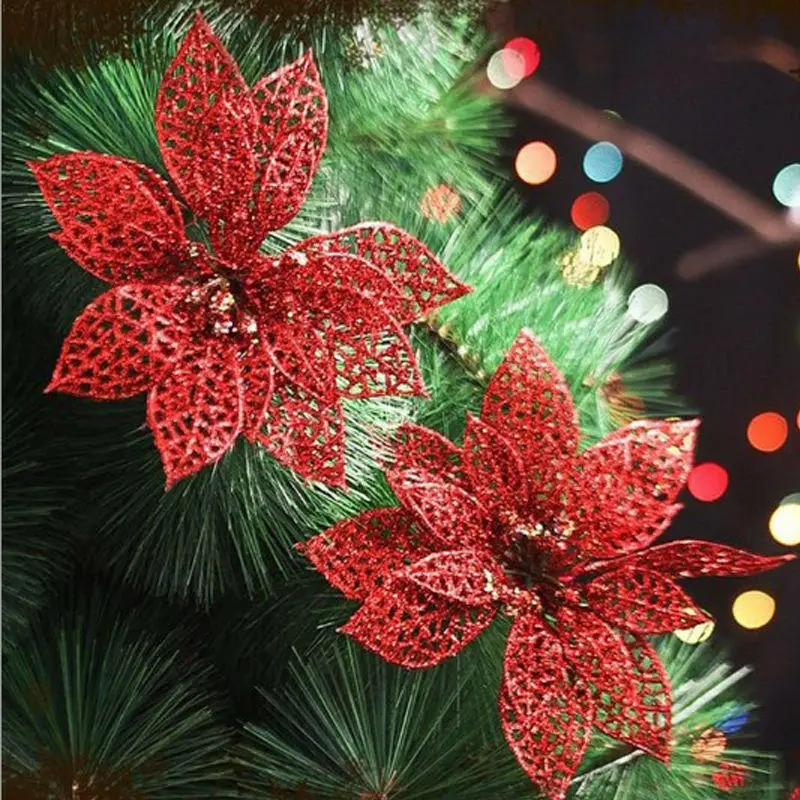 Balleenshiny 10 шт. блестящий цветок Poinsettia, украшения для рождественской елки, вечерние принадлежности, рождественские поделки, Рождественский Декор для дома
