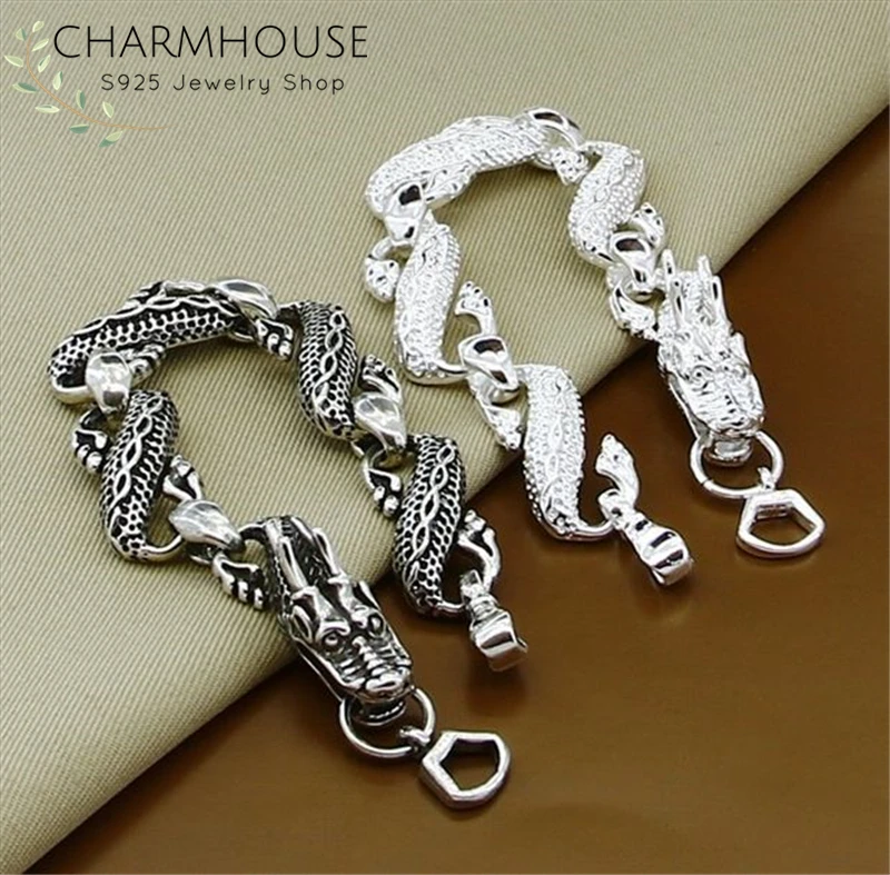 Charmhouse чистые наборы серебряных ювелирных изделий для мужчин черный/серебряный дракон цепи браслет и браслеты 2 шт. пары комплект ювелирных изделий Pulseira