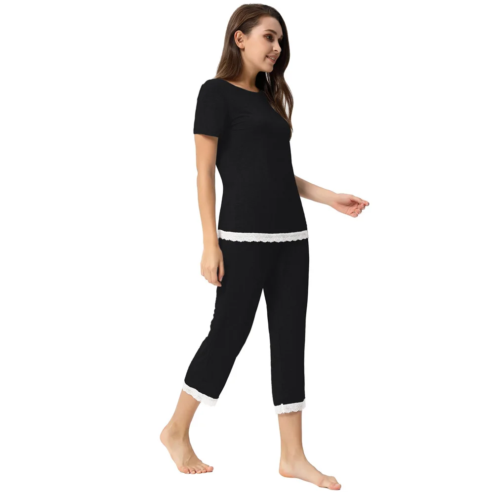Women's 2pcs Set Comfy Modal Sleepwear Short Sleeve Tops+Cropped Pants summer comfortable stretch nightwear ladies Pajama sets