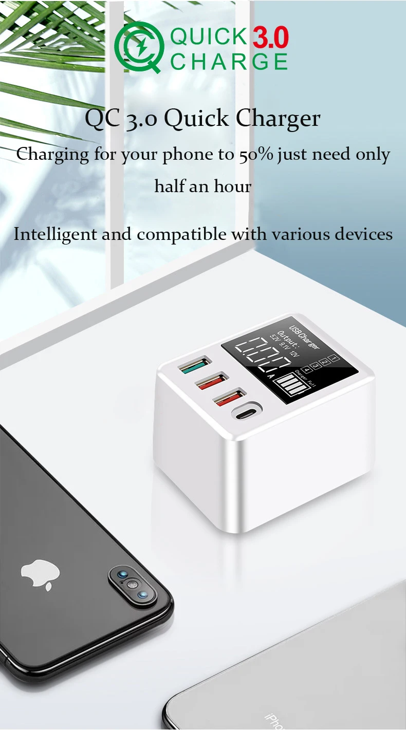 QC 3,0 Быстрая зарядка Usb type C зарядное устройство 30 Вт светодиодный цифровой дисплей зарядная станция для iPhone samsung дорожное зарядное устройство адаптер