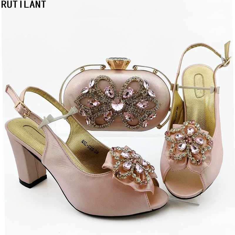 

New Arrival Pink Color High Quality Matching Italian Shoe and Bag Set Decorated with Rhinestone African Women Matching Shoe Bag