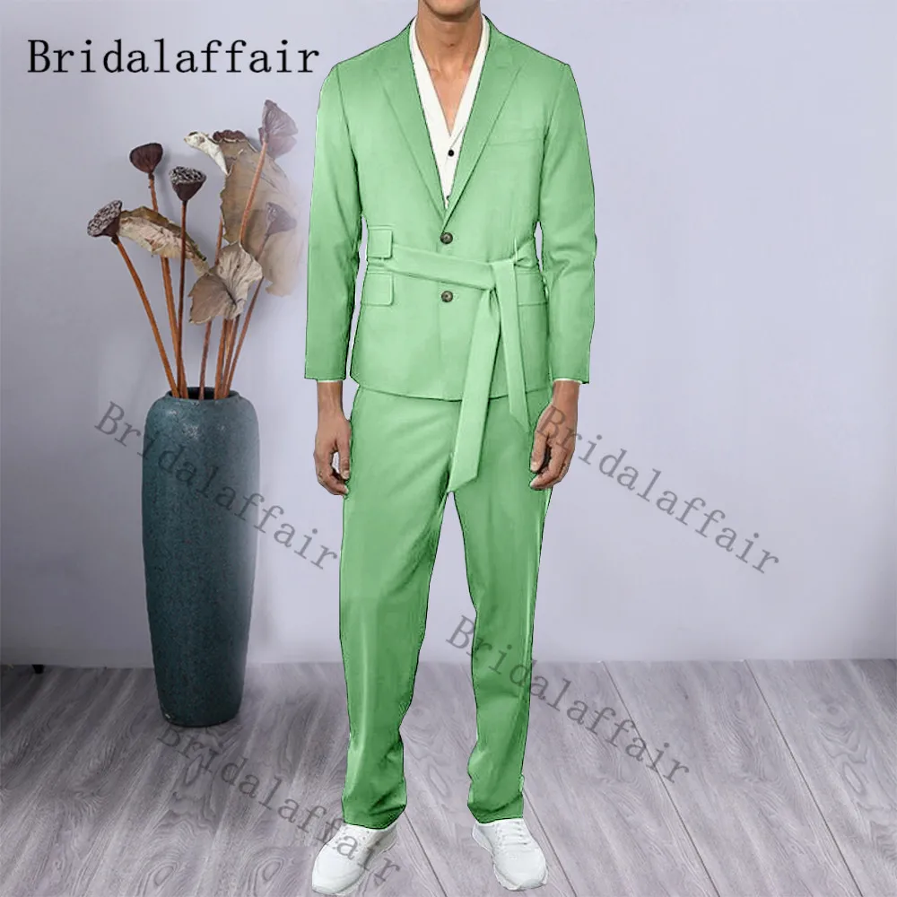 

Bridalaffair Light Green Men Suit Set Belt Attached Groom Slim Fit Formal Tuxedo For Wedding Party Dress Tailored Costume Homme