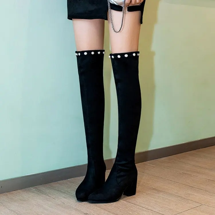 

2019 Over The Knee Women's Boots Pointed Sexy High Heel Autumn Ladies Thigh High Boot with Pearl Stretch Female Shoes Size 35-40