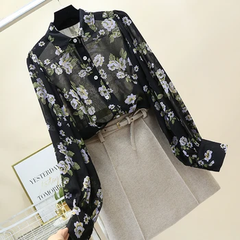 

Floral Chiffon Shirt Female 2020 Korean Temperament Fashion Printed Wild Loose deng long xiu Casual Shirts Tops