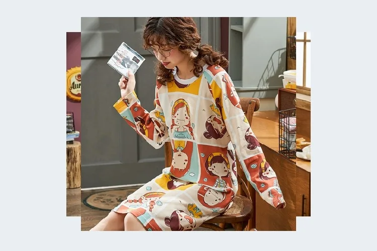 Autumn& Winter Long Sleeve Combed Cotton Women's Nightgown Pullover-Outer Wear Tracksuit Skirt 65/35 Cotton