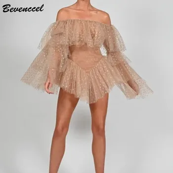 

Bevenccel High Quality Runway Flare Sleeve Women Dress Sexy Slash Neck Lace Cover Mini Dress Vestidos 2020 Celebrity Party Dress