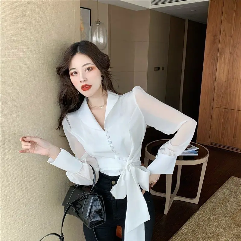 Shirts Women Solid Turn-down Collar Ins Abdomen Cropped Leisure Korean Style Fashionable Ladies Blouses Long Sleeve Stylish Chic