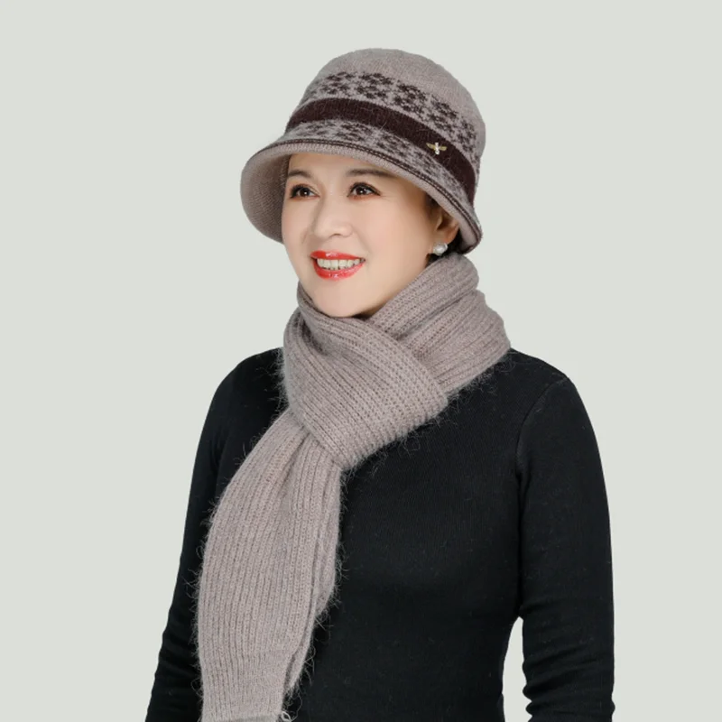 

New Women Hat Scarf Set Winter Mom Hat and Scarf Set for Women Rabbit Fur Hat Luxury Winter Knitted Women Bucket HatWarm