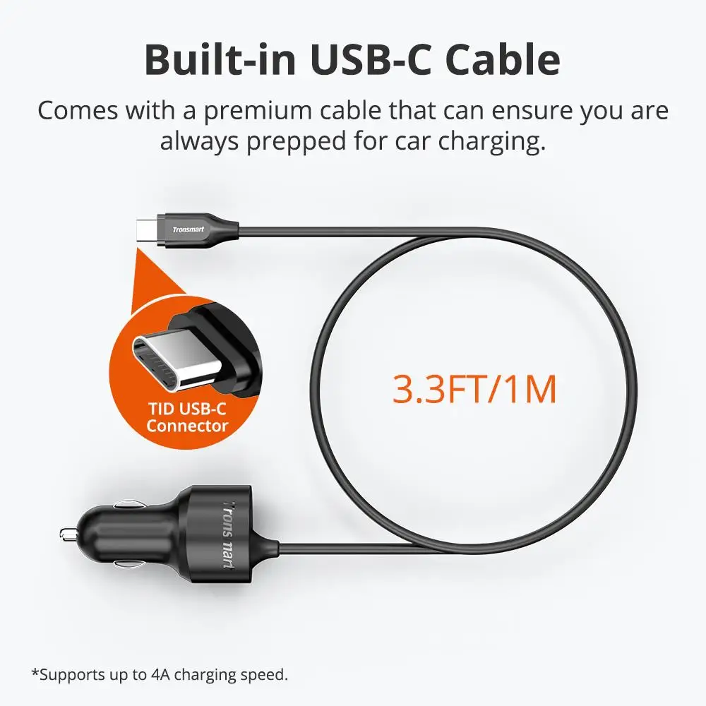 Tronsmart CCTA Car Charger 36W PD Charger Quick Charge with USB C Cable Support PD3.0, QC3.0, FCP, Apple 2.4 for iPhone,Huawei (5)
