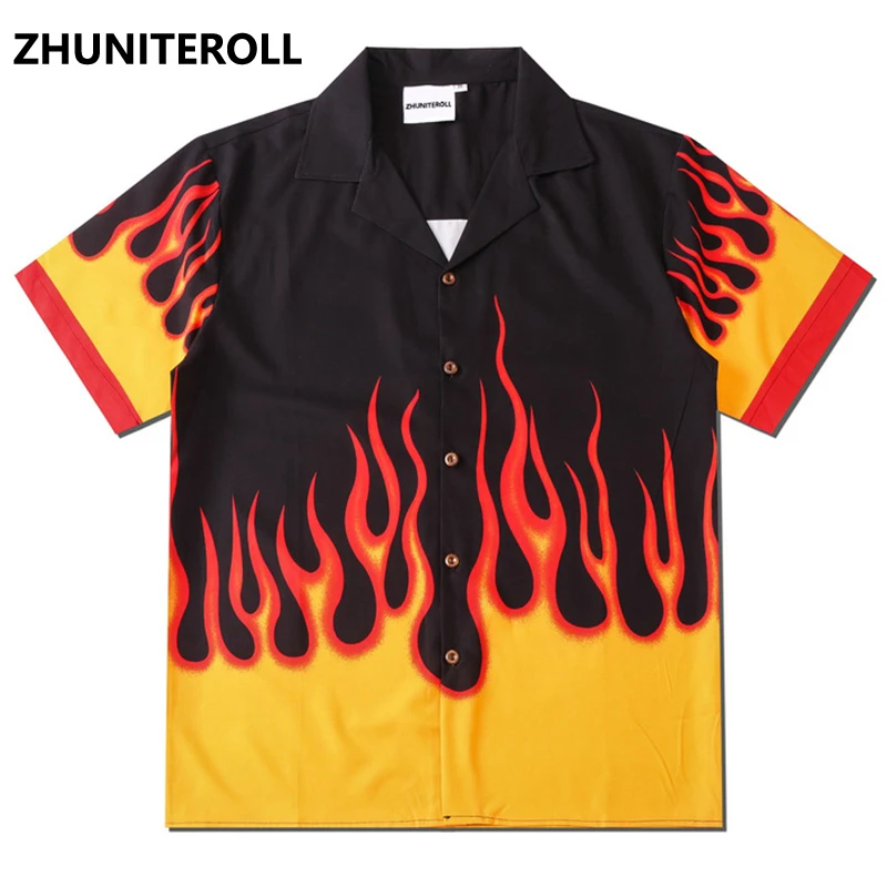 Yellow Flame Print Men Hawaiian Shirt 2021 Hip Hop Fashion Shirt Streetwear Shirt Harajuku Beach Shirt Summer Short Sleeve Tops