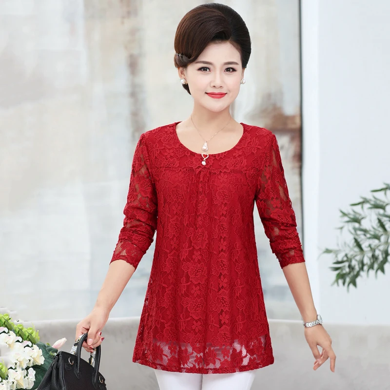 

Middle Age Mother Lace Tshirt Tops 2019 Spring New 5XL Women Plus Size O-Neck T-Shirts Femme Tee Clothes Long Sleeve Pullover