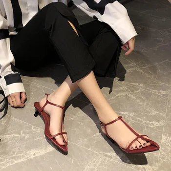 

Summer Buckle Spike Heel Sandals Women Hollow T-strap Slides Narrow Band Gladiator Shoes Fashion Pointed Toe Sandalias Mujer