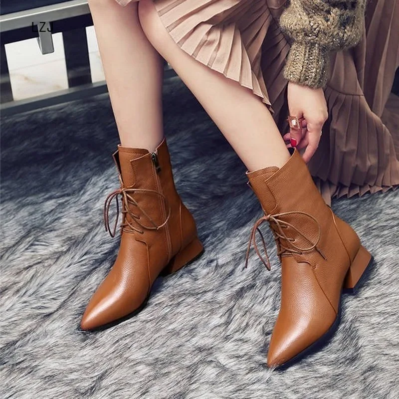 

LZJ Genuine Leather Brown Pointed Toe Women Ankle Boots Low Heel Square Spring and Autumn Female Ankle Boots Zapatos De Mujer