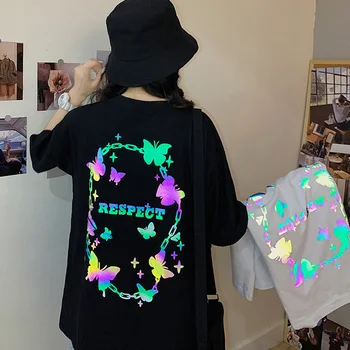 

Summer casual loose Women T-shirts Creativity Butterfly glow Tee shirt Korean pure cotton black Top fashion short sleeve t shirt