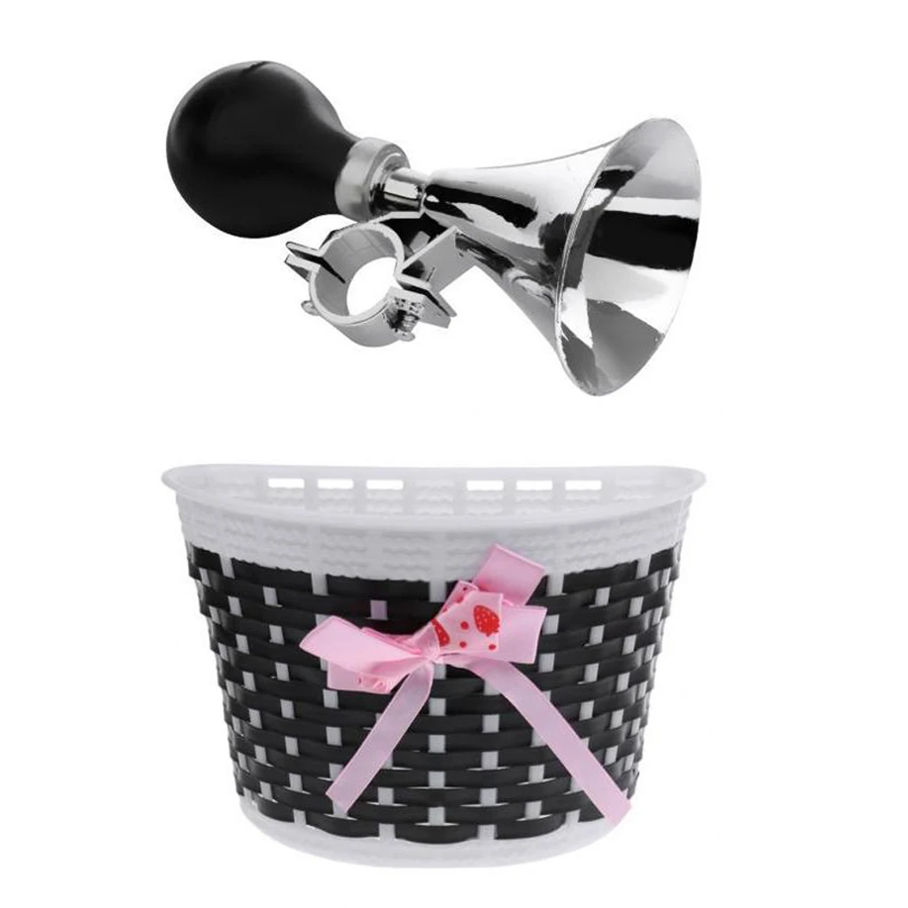 Kids Bicycle Front Basket Bowknot + Handlebar Ring Sound Horn Bell Black Kids Bicycle Front Basket Bowknot + Handlebar Ring Sound Horn Bell Black