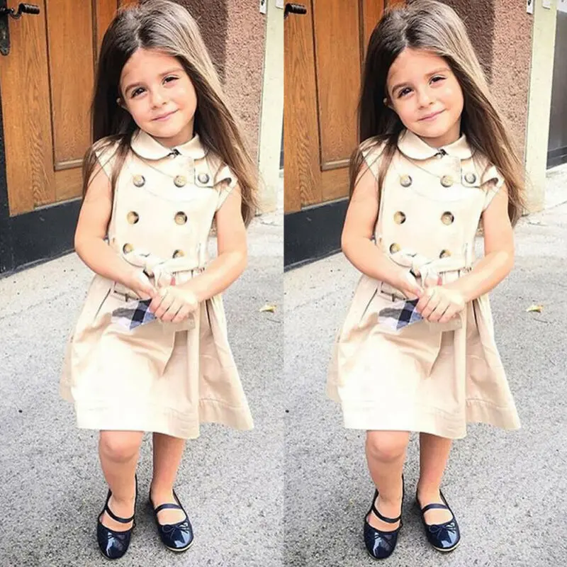 Осенне-зимняя детская одежда; платье для маленьких девочек; повседневные платья без рукавов с поясом и бантом; Тренч; дизайнерские праздничные платья на пуговицах