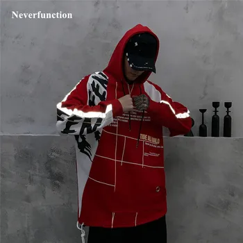 

New Men Letter printed Reflective Patchwork Casual Hooded Sweatshirt Autumn Oversized Hip Hop Streetwear male pullover Hooides