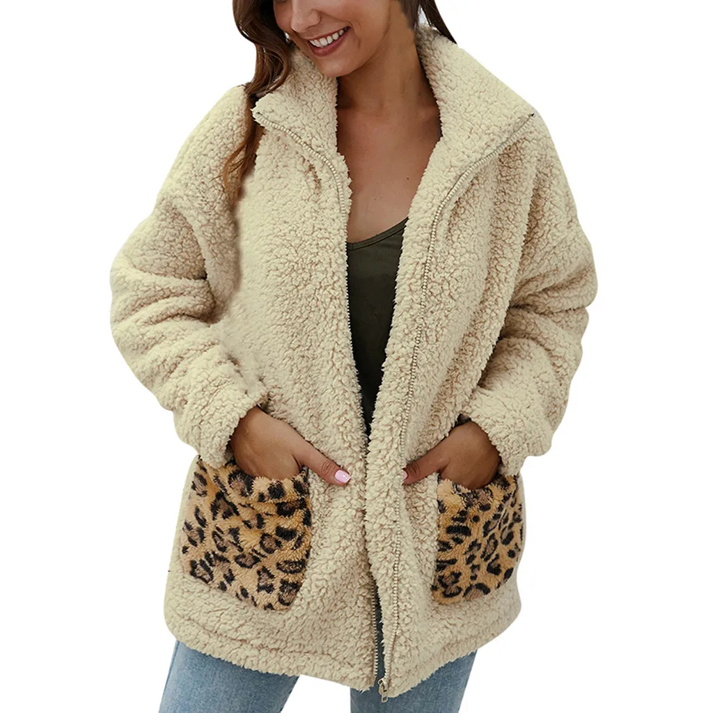 Jaycosin Fashion Women Winter Loose Wild Leopard Print Fleece Coat Stylish Long Sleeve Comfortable Soft Cardigan Zipper Coat22#4