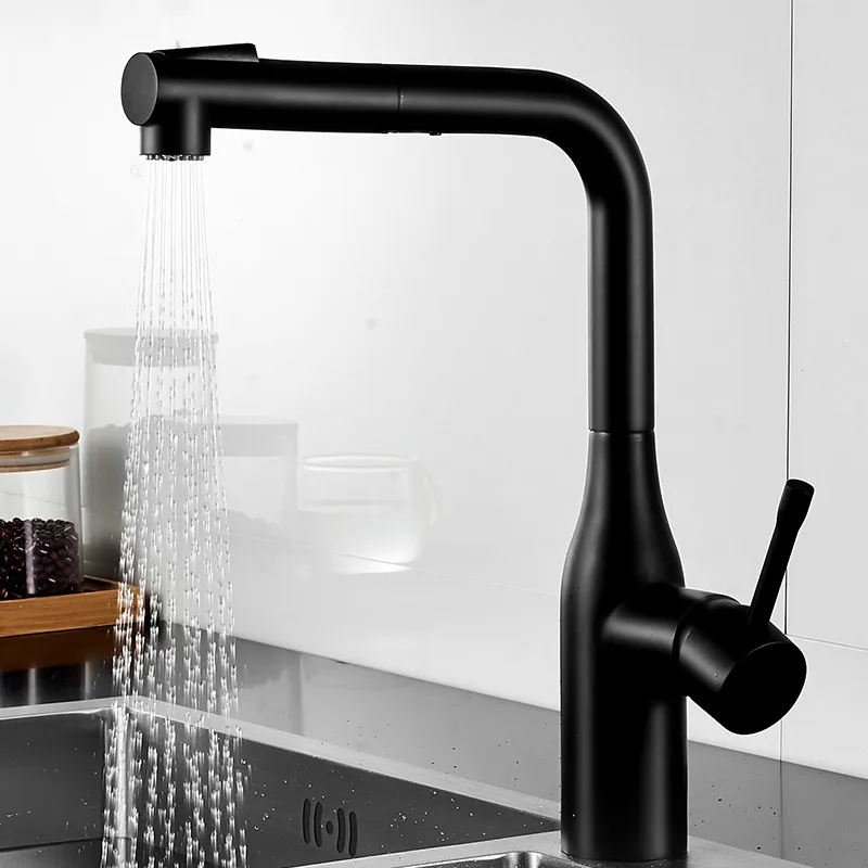 Kitchen Faucets Solid Brass Hot & Cold Pull Out Spray Nozzle Sink Mixer Tap Single Handle Deck Mounted Black/Chrome Basin Faucet