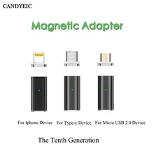Adaptador magnético de carregamento rápido candyeic para iphone android tipo c micro usb 2.0 dispositivo para micro usb cabo carregador usb c adaptador