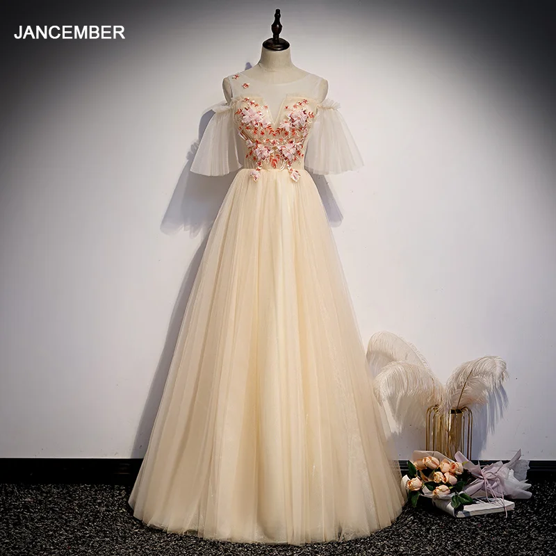 

JANCEMBER WLN20065 Temperament High-End Off The Shoulder O-Neck Flowers Pearls Evening Prom Dresses 2020 robe de soirée longue