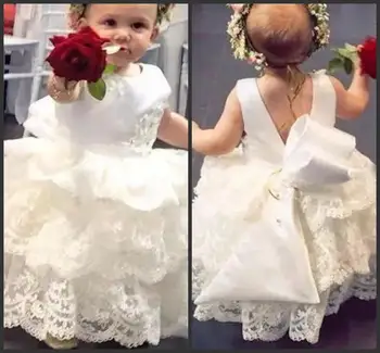 

flowergirl dress White lace Appliques Bow Back Tiered Floor Length Custom Made Cute Kids communion dresses party dress