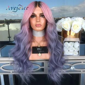 

13x4 Pink Ombre Purple Color Remy Hair Brazilian Wave Wig Long Pre Plucked Glueless Lace Front Human Hair Wigs for Women