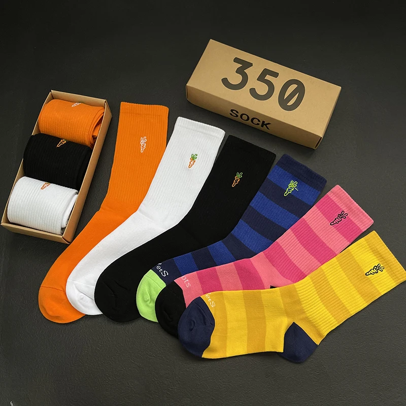 

3 Pairs/box High Quality Cotton Socks Men Fashion Crew Sports Funny Face Carrot Embroidery Trend Hip Hop Cotton Socks