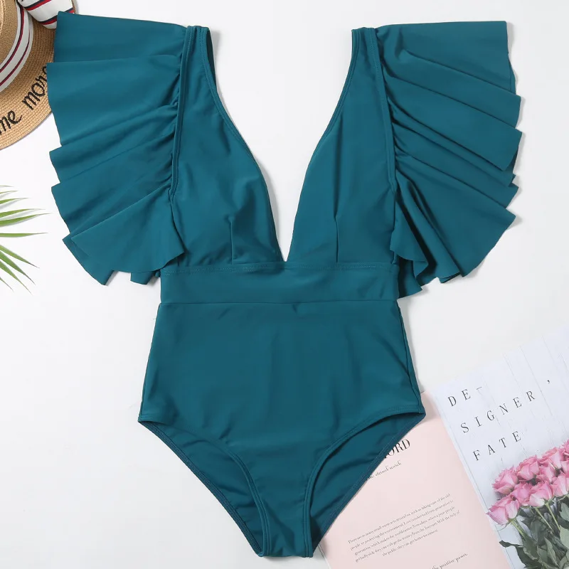 

Sexy Off The Shoulder Ruffle One Piece Swimsuit 2020 New Swimwear Women Swimsuit Deep-V Bathing Suits Beach Wear Swim Suit